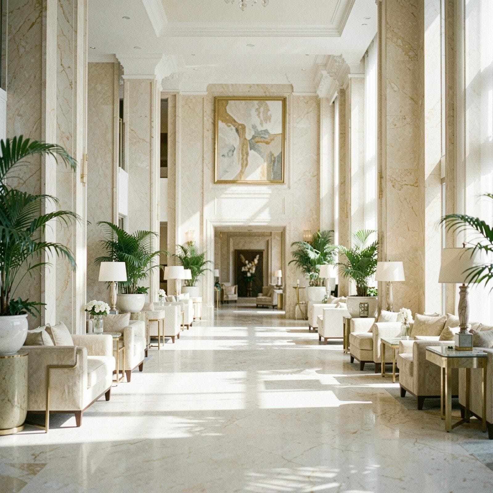 Sunlit marble hotel lobby with plush seating and tall windows
