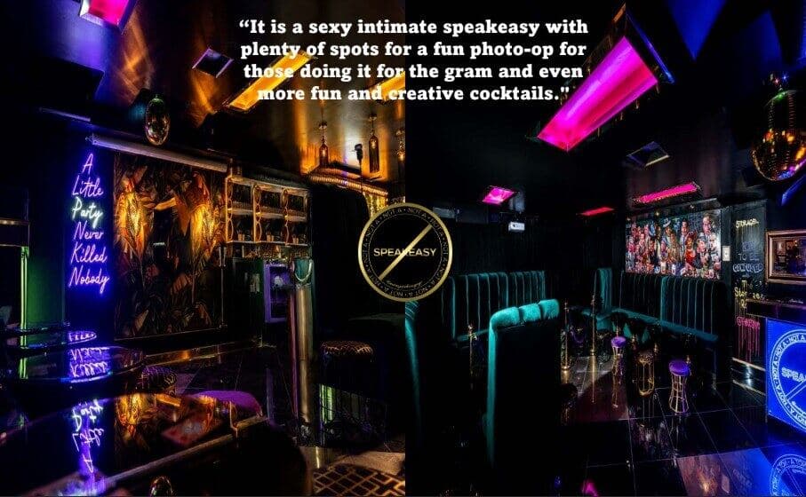 Not a Speakeasy interior with neon lighting and lounge seating
